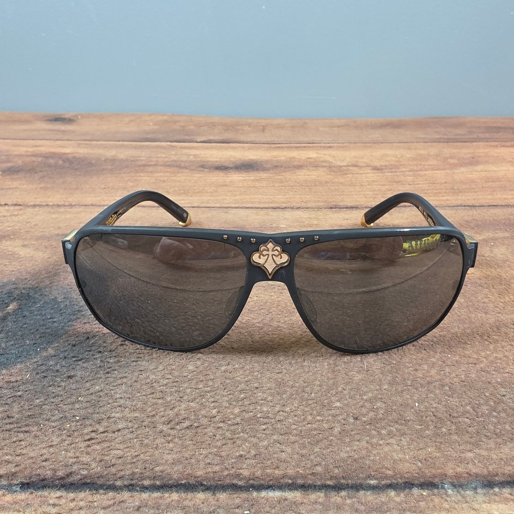 Affliction Rebel Sunglasses Mens OS Black Gold Good Fleur De Lis Gothic Aviator